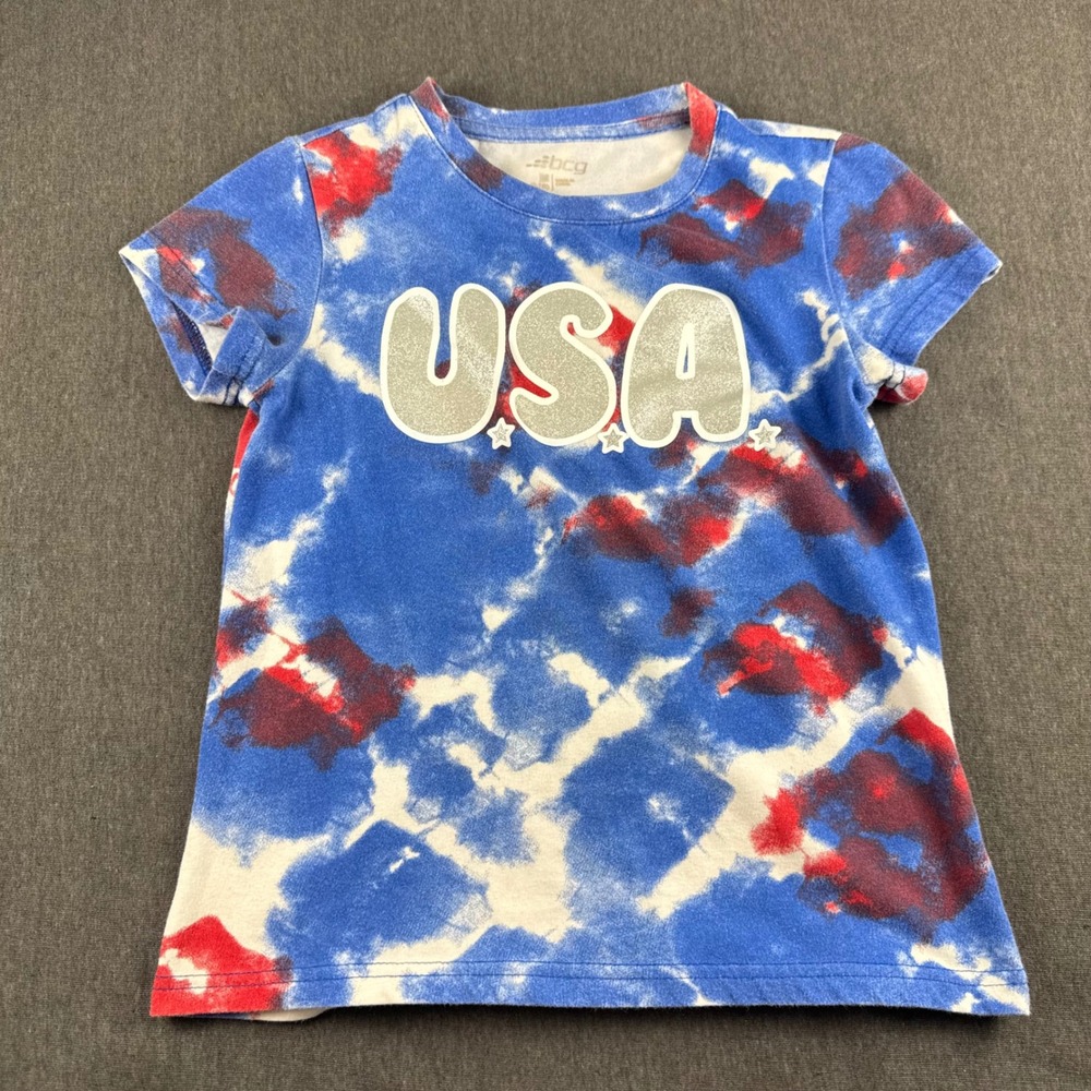 BCG Kids USA Tie Dye Graphic T-Shirt Blue Red White Silver Glitter Stars Size M